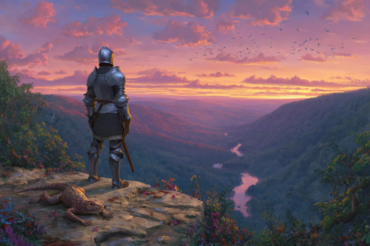 AI-generated D&D scene: a knight overlooking a river valley at sunset