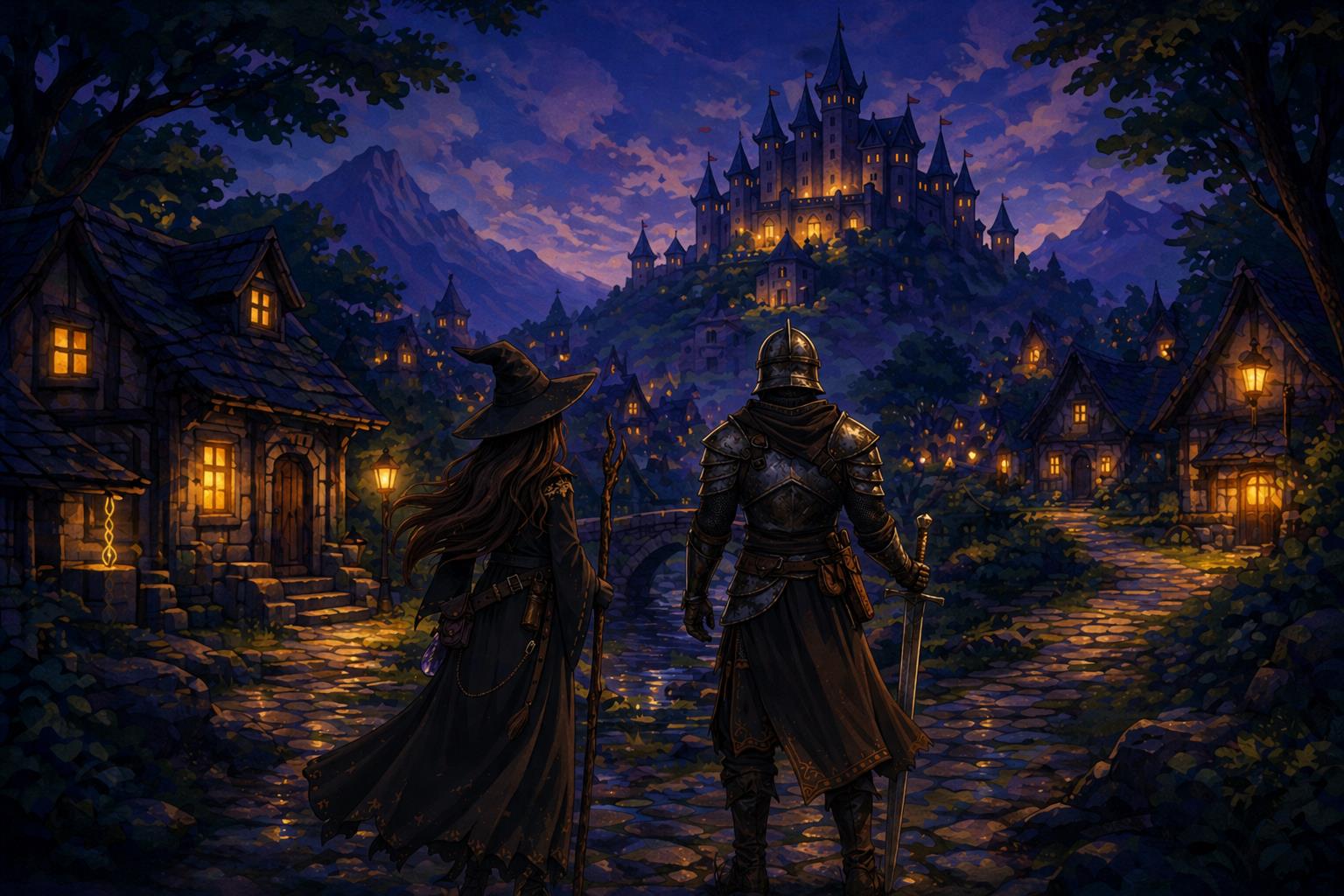 A night village below a castle, a mage and a knight looking toward it