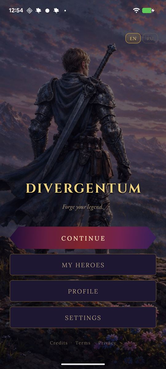 Divergentum main menu: “Forge your legend.”