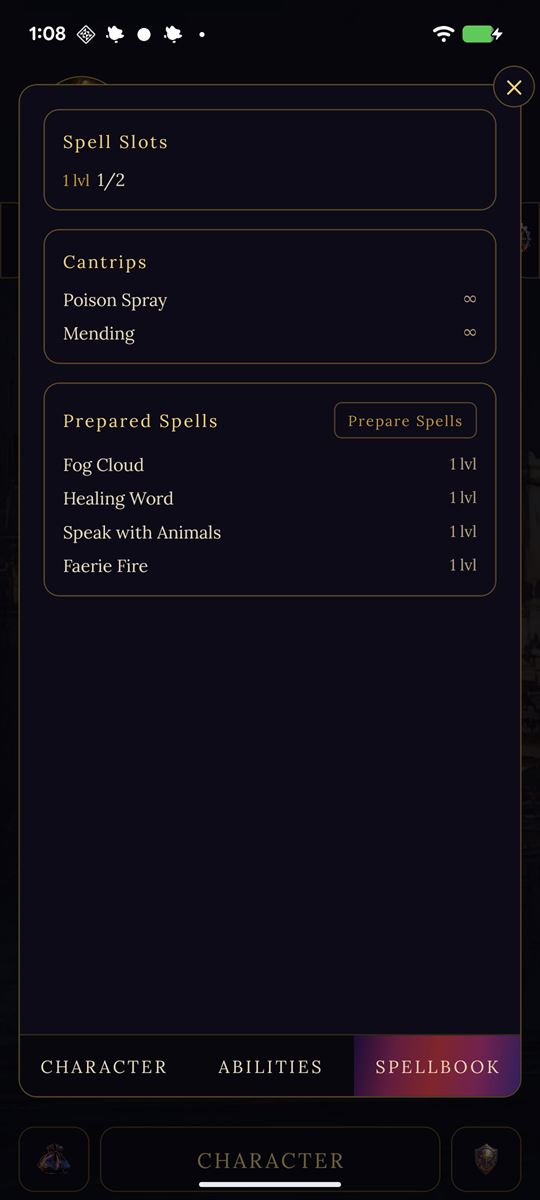Spellbook with spell slots, cantrips and prepared spells