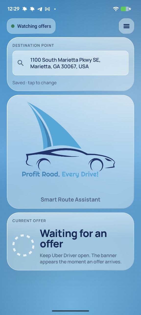 Main screen: a green Watching offers pill, a saved Destination Point in Marietta, the Tailwind mark, and a Waiting for an offer card.